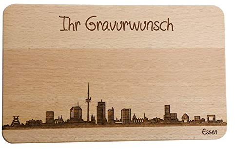 SNEG Brotzeitbrett Essen Skyline | Frühstücksbrettchen aus Buche | Holz Schneidbrett | Geschenk mit Gravur | Frühstücksbrett | Nordrhein-Westfalen (Standard (22x14x1cm), 2. mit persönlicher Gravur)