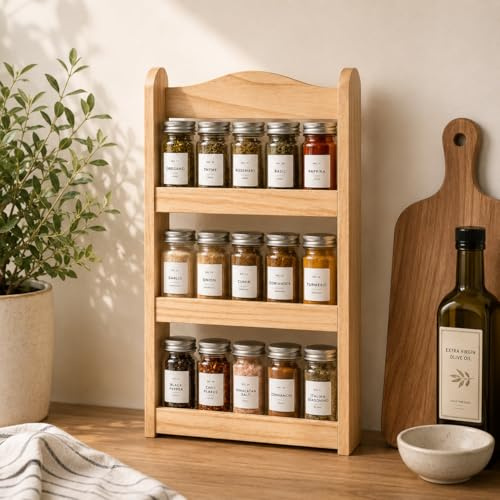 HomeZone Wooden Spice Rack 3 Tier Free Standing or Wall Mounted Spice Organiser Shelf Holds Up to 15 Spice Jars Kitchen Herb & Seasoning Rack, Pantry Storage Shelf, Countertop Organiser, Natural Wood