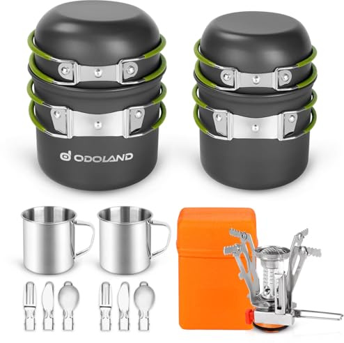Odoland 16pcs Camping Cookware Mess Kit, Lightweight Pot Pan Mini Stove with 2 Cups, Fork Spoon Kits for Backpacking, Outdoor Camping Hiking and Picnic