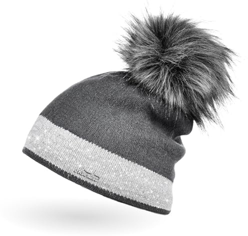 Neverless Damen Strick-Mütze gefüttert mit Fell-Bommel Kunstfell Winter-Mütze Feinstrick Glitzer-Garn Bommelmütze