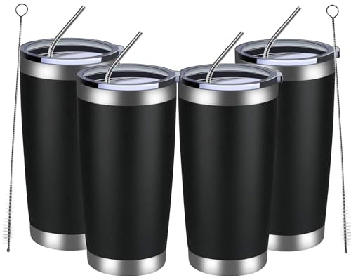 MEWAY 20oz Tumbler 4 Pack Double Wall Vacuum Insulated Travel Mug Bulk, Stainless Steel Tumblers with Lid and Straw, Durable Powder Coated Coffee Cups for Cold & Hot Drinks (Black, 4)