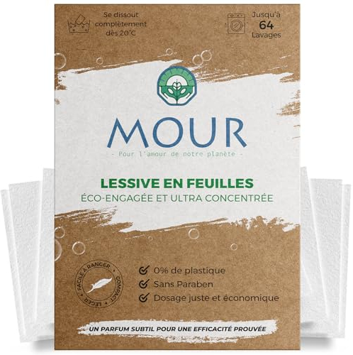 MOUR - Lessive en Feuille Écologique - 64 Lavages - Votre Linge Doux, Éclatant et sans Traces - Basse et Haute Température - Zéro Plastique - Pratique à Utiliser et à Ranger - Fraîcheur Intense