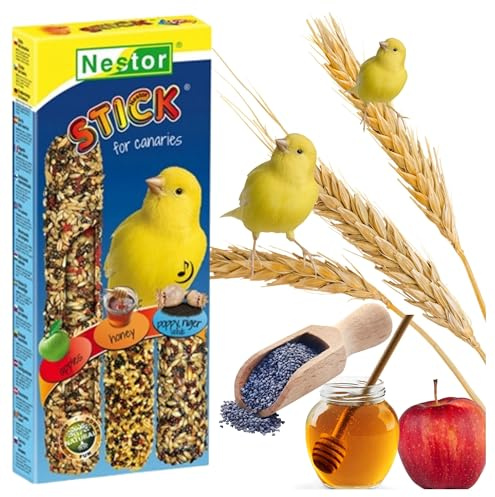 3x Canaries Sticks Apples/Honey/Poppy Flavors Parakeets Bird Seed Food 130g Canary Finches Budgie Snacks with Hooks Pack of Three Yellow Birds Treats