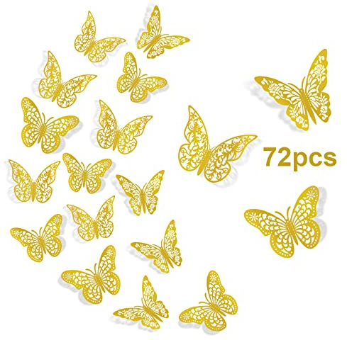 InsuWood 3D Butterfly Wall Decor, 72 Pcs, 3 Styles, 3 Sizes, Gold Butterflies for Party, Birthday, Cake Decorations, Removable Stickers for Wedding Room Flower Decor