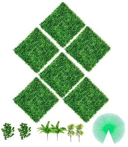 VEVOR Artificiale Pannello da Siepe di Bosso 6 Pezzi da 50,8 x 50,8 cm, Siepi Artificiali, Recinzione Artificiale Bosso, Edera Finta Effetto Realistico Decorazione Plastica Verde, Spessore da 4 cm