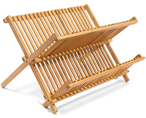 Hogar y Mas Escurridor Platos Plegable de Bambú 2 Niveles, Escurridor Fregadero para Vasos de Madera 42x24,5x33 cm