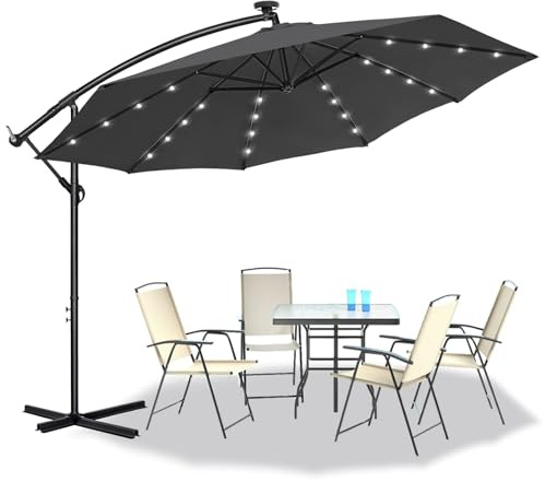 UISEBRT Utomhusparasoll i aluminium, trädgårdsparasoll med vev, förskjutna parasoll höjdjusterbar, UV-skydd 40+, för trädgård, terrass, balkong, Mörkgrå, 300cm mit solar LED