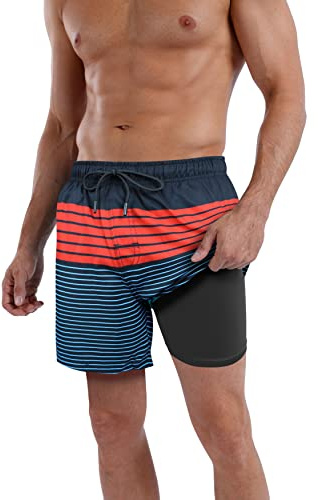 QRANSS Swimming Trunks for Men 5 inch with Boxer Brief Liner Striped Young Teenage Boys Swim Shorts Boardshorts with Compression Liner Quick Dry