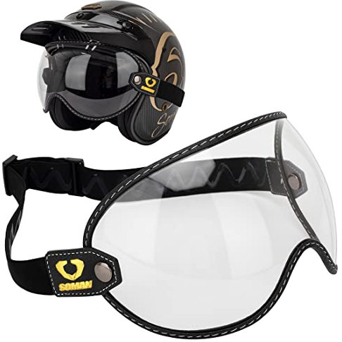 Retro Motorcycle Helmet Visor Bubble Shield, Goggles Lens with Elastic Universal For Cafe Racer Full 3/4 Open Face Motorbike Helmet (Clear)