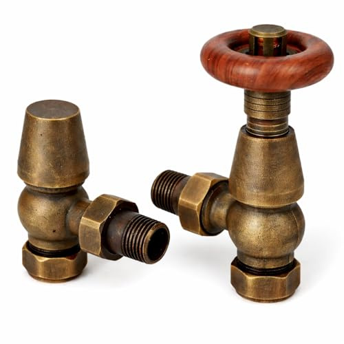 Excel Home Thermostatic Radiator Valves - Traditional Design 1/2 x 15mm Metal Head Radiator Valves - Angled Brass