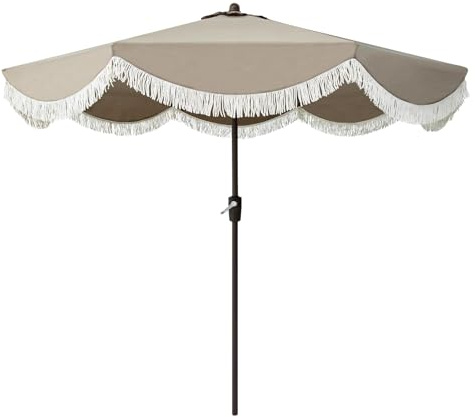 Tempera 9ft Auto Tilt Scalloped Patio Umbrellas with Fringe, Outdoor Table Umbrellas with Fade Resistant Canopy, 8 Sturdy Rids, Luxurious Vintage Umbrellas for Lawn, Pool, Deck, Balcony