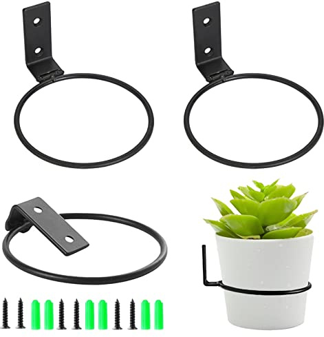 Jetisva 3pcs 6 Inch Wall Mounted Plant Pot Holder Ring Foldable Flower Pot Holder Black Metal Wall Plant Pot Stand Planter Hanger for Outdoor Indoor Garden Fence Balcony Home Decoration