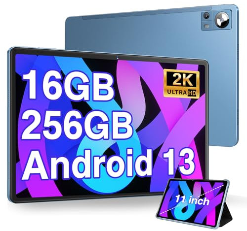 Tablette Android 13 OS 11 Pouces avec 16Go RAM 256Go ROM 1TB Extensible, 2K FHD Tablette avec Trois Caméras 5MP+13MP+2MP, 8 Cores 2.0 GHz, 5G WIFI, 8600 mAh, BT 5.0, GPS, Port Casque USB-C, Bleu