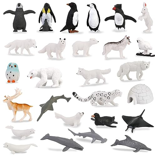 SRIZIAN 27 Stück Klein Tiere Figuren für Kinder, 1-2 Tier Figuren Spielzeug Realistisches Tierspielzeug Eisbär, Pinguin, Meerestier für Kinder Lernen Geburtstag Cupcake Party Deko