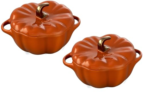 Staub Juego de cocotte de calabaza pequeña de cerámica de 2 piezas de 16 onzas, naranja quemado
