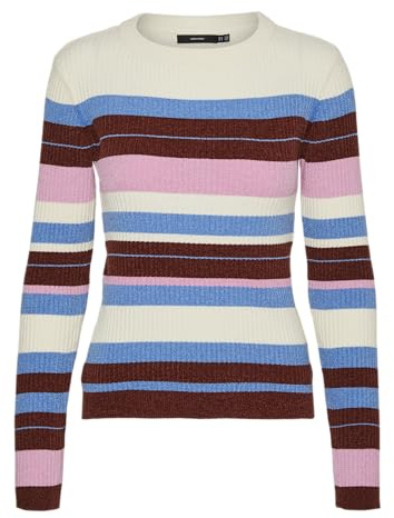 VERO MODA dam Vmchili Ls O-hals randig tröja Boo stickad tröja, Björk/ränder: blå jaspis + fired brick + fuchsia rosa, S