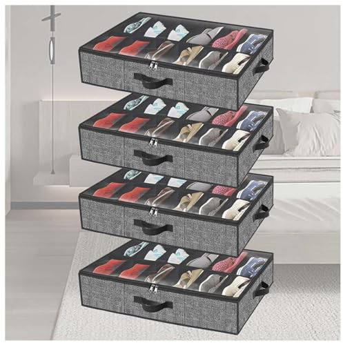 RYJYQYX Bettkasten Aufbewahrung Foldable für Schuhe Aufbewahrung, Bettkasten Aufbewahrung mit transparenter Deckel, Unterbett Aufbewahrungsbox für Schuhe,Kleidung,Stiefel,Spielzeug,Taschen,B-4Pcs
