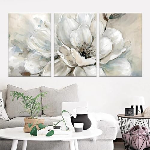 JACBON Abstrakte beige weiße Blumen Poster Wandkunst Leinwand Ölgemälde Drucke Bilder Moderne Wohnzimmer Inneneinrichtung 50x70cmX3 Rahmenlos