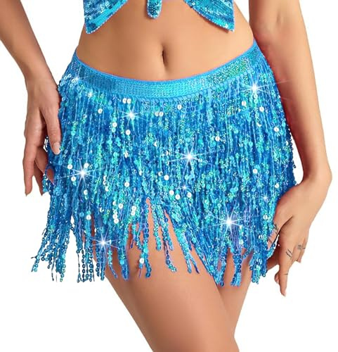 Baisdan Belly Dance Dancer Costume Sequin Tassel Fringe Hip Scarf Belt Waist Wrap Skirt Light blue
