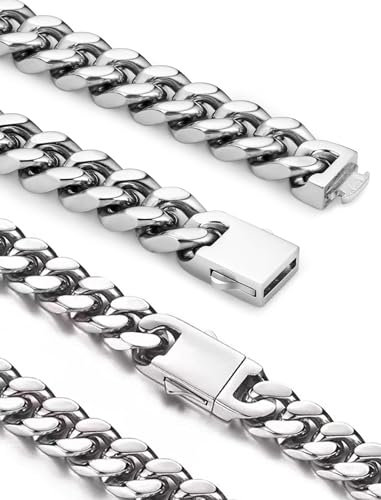 Inscca Ketten für Herren 55cm Silber Königskette Breite Kubanische Königskette 11mm Ketten Cuban für Herren Halskette Edelstahl für Männer Jungen Hip-Hop Anlaufgeschützt