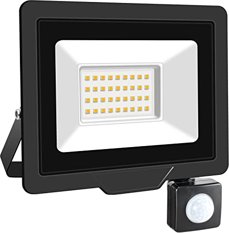 SKYWORLD LED-strålkastare, 30 W säkerhetsljus med rörelsedetektor 1 st, varmvit vattentät översvämningsbelysning för garage fabriker arenor bakgård trädgård