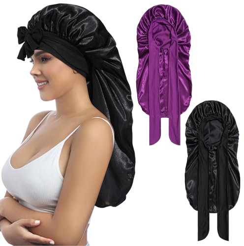 Coubeau Lange Schlafmütze aus Satin für Damen–Hochwertiger Weicher und Bequemer Stoff Geeignet für Langes und Lockiges Haar Elastisch und mit Verstellbarem Gummiband.