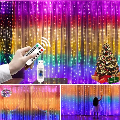 GKKBUFF LED Lights Curtain Fairy Lights 8 Modes RGB Curtain Light Colour Fairy Light USB Multicolor 300 LED String Light USB Powered Lights LED String Light Bedroom Lamp (3Mx3M)