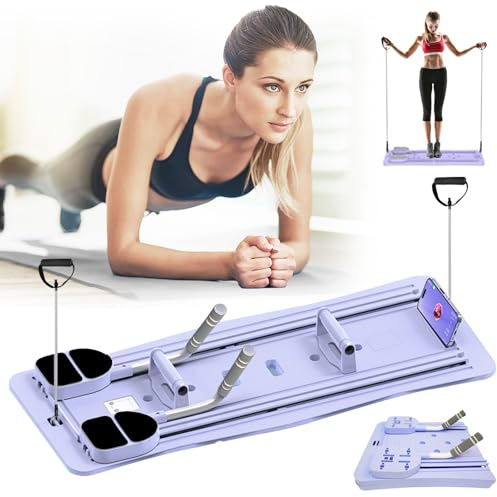 Tablero Reformador Pilates, Reformer Plegable para Pilates Tabla Ejercicios Multifuncional Tabla Pilates con Contador LED Tabla Ejercicios con Mango Ajustable De Rebote Automático (Púrpura)