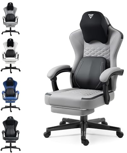 Vigosit Gaming Stuhl mit beheizter Massage Lendenwirbelstütze, Ergonomischer Gaming Computer Stuhl mit Taschenfederkissen und Fußstütze, grau