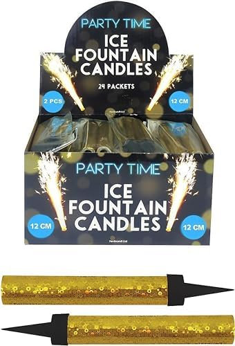 24 x 12CM Ice Sparkling Fountain Candles with Holder: Perfect Cake Sparklers Fountain Candles for Birthday, Wedding, Anniversary, and Party Decorations (Golden 12cm)