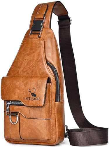Hjkiopc Bandouliere Sac de Poitrine Homme Sacoche business de Loisir Dos PU Cuir Pochette Epaule Sac à Dos de Voyage pour Homme Femme(Marron Clair)