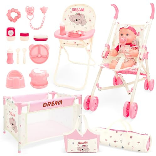 deAO 12in Baby Doll Nursery Set, Pretend Role Play Cot Toy, Dolls Nursery Accessories Include Stroller, High Chair, Feeding Accessories, Storage Bag, Baby Doll Care Play Set for Girls 3+​​