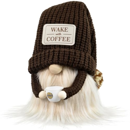 LOCKASEN Coffee Gnome - Cute Plush Gnome Holding Cup, Handmade Bar Decor & Accessories, Gift for Coffee Lovers, Swedish Tomte Elf Dwarf for Station, Kitchen, Valentine, Christmas & Home Decorations