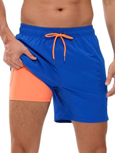 Arcweg Herrbadbyxor med boxershorts fodrade badshorts kompressionsfoder 2-i-1 strandshorts med ficka med dragkedja surf, Marinblå, 4XL