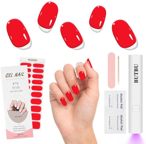 BUTBU Unghie Gel Adesive UV, 20 Pezzi Smalto Adesivo per Unghie, UV Pellicola per Unghio Autoadesiva, con Lampada UV e Lima per unghie Attrezzo, per Unghie Arte DIY (Rosso)
