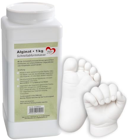 Ideen mit Herz | Alginato | Masa de moldeo rápido para huellas de manos, huellas o huellas de objetos | para parejas, familias, niños, bebés | polvo para mezclar con agua | 1 kilogramo