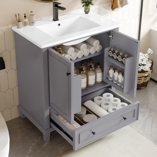 OOIILLEE Mobile da bagno su piedistallo 76x46x87cm con lavabo, mobile sotto lavabo con cassetti, lavabo in ceramica integrata, impermeabile all'umidità e all'acqua, gambe in legno massello, MDF