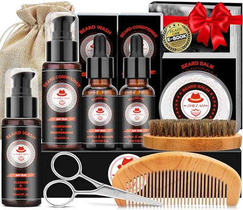 XIKEZAN Dad Birthday Gifts, Beard Care Kit with Bay Rum Beard Oils,Balm,Wash, Conditioner,Brush,Comb,Scissors,Valentines Fathers Mens Christmas Stocking Stuffers Gifts for Men Him Husband Boyfriend