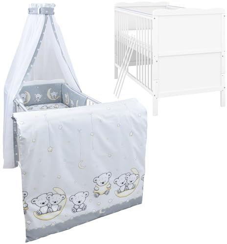 Generisch Baby Delux Babybett Komplett Set 9-TLG Kinderbett umbaubar zum Juniorbett 70x140 Matratze Jack Bettset Chiffonhimmel (Teddy Mond grau)