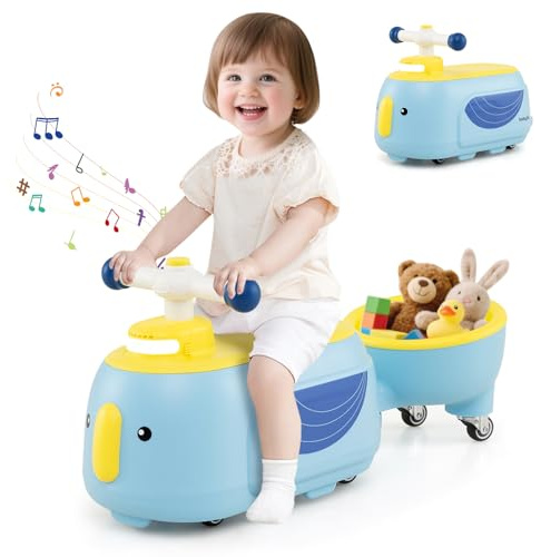COSTWAY Porteur Enfant avec Remorque Amovible & Lumière & 5 Chansons, Voiture à Pousser Bébé avec Forme Pingouin & 6 Roues, Espace Caché & Poignées Arrondies, Charge 25kg pour 12 Mois+ (Bleu)