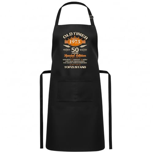 Gratitopia Schürze 50. Geburtstag Mann – Oldtimer 1975 Motiv, wasserabweisend, verstellbares Nackenband, große Doppeltaschen 70×80 cm – Lustiges Geschenk für Männer zum 50er, Grillen/Kochen/BBQ