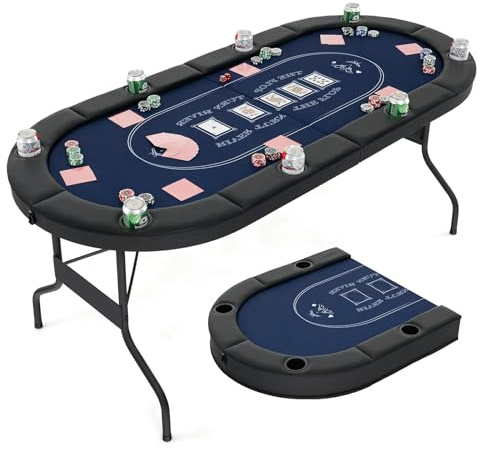 HOMASIS 182 x 82cm Table de Poker Pliable 8 Joueurs, avec 8 Porte-gobelets en Métal, Rampes Rembourrées pour Jeu de Cartes Jeu de Société, Table de Jeu pour Soirée en Famille, Salle de Jeux (Bleu)