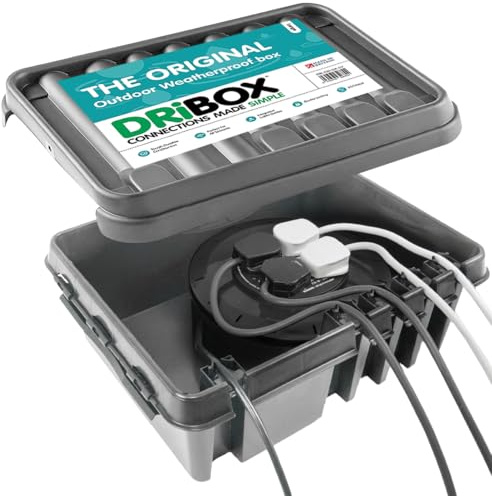 DRiBOX – Large Grey IP55 Weatherproof Outdoor Electrical Connection Box 40 x 31 x 14.5cm – Power Cord Enclosure for Christmas Lights, Timers, Extension Cables, Leads, Reels, Transformers (1 Box)
