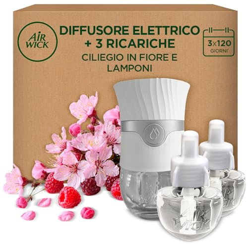 Air Wick ambientador eléctrico - aparato y 3 recambios con aroma a Flor de cerezo y Frambuesa, infusionado con 2 veces más aceites esenciales