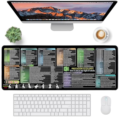 Oaioya Grande Tappetino per Mouse Tastiera con Scorciatoie per Ufficio,800*300mm Tappetino per Scrivania con Scorciatoie da tastiera e Formule in Italiano per Excel/Word/PPT/Grafici/Dati/Navigazione