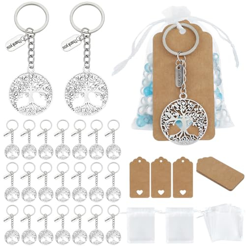PH PandaHall Set di 24 portachiavi con albero della vita, bomboniere per riunioni di famiglia, con ciondoli di ringraziamento, sacchetti regalo in organza, portachiavi ad albero con etichette vuote