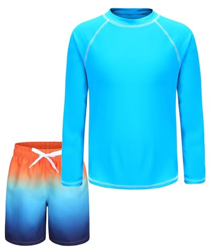 UV Shirt Kinder Badeset Jungen Zweiteilig Langarm Schwimmshirt Kinder Boardshorts Jungen Badeanzug 146 152/11-12 Jahre