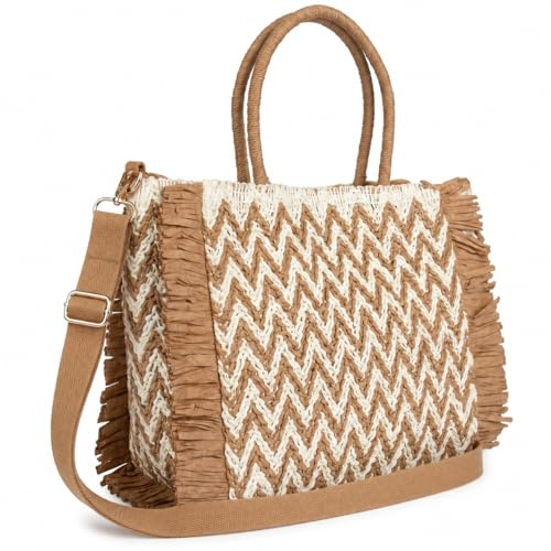 Woodland Leathers Womens Summer Bag, Eco Beach Bag, Large Paper Woven Tote Bag with Raffia Fringe, Boho Chevron Design, Detachable Adjustable Shoulder Strap Holiday Handbag