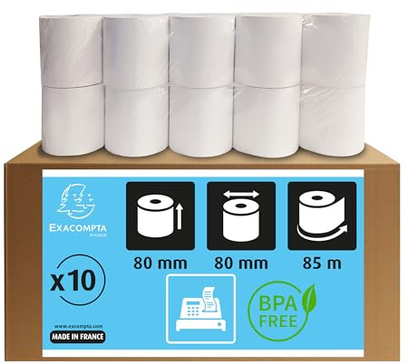 Exacompta 43809E 10er Pack Thermopapierrollen 1-lagig Breite: 80mm, Länge: 85m, Durchmesser Kern: 12mm 48g/m² rückseitig bedruckt für Kassen Kassenrolle