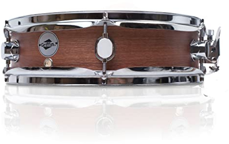 GRIFFIN Snare Drum – 13x3.5 Poplar Shell (Piccolo littleSNAP Series) with Flat Hickory Finish, Coated Drum Head, Snare Throw Off & Marching Kit Use